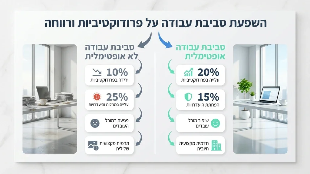 הדגמת החשיבות של סביבת עבודה נקייה ומטופחת במשרד מודרני. ניקיון משרדים מקצועי בסביבת עבודה מודרנית