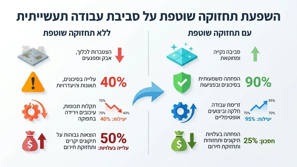 עובד מפעיל מכונת שטיפה תעשייתית ברצפת ייצור של מפעל