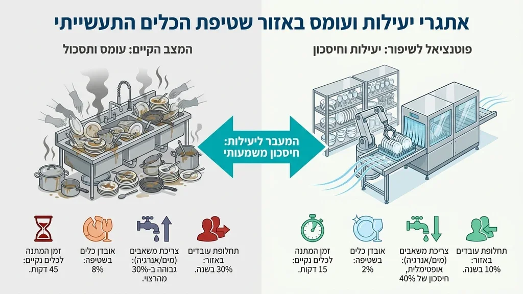 צוות שטיפת כלים מקצועי בפעולה במטבח תעשייתי